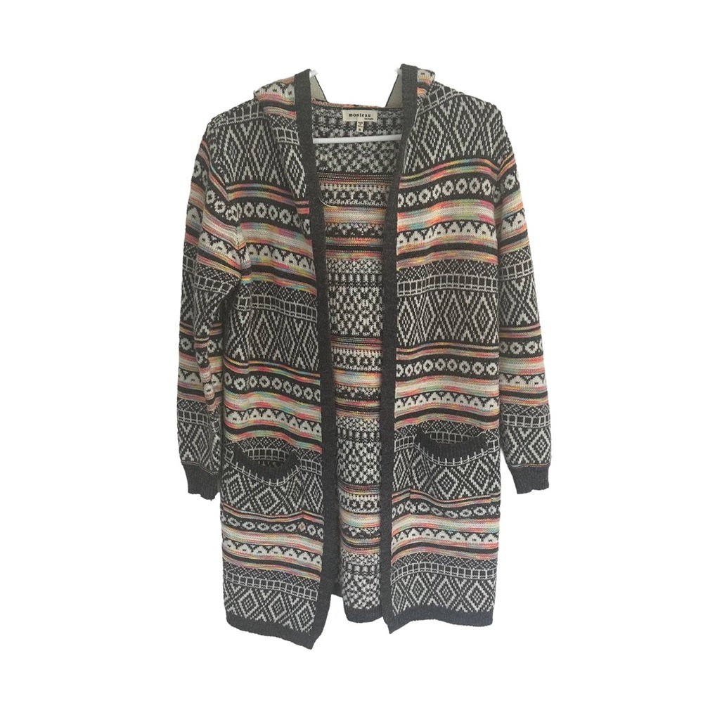 Monteau Hooded Duster Cardigan with Geometric Boho Style Knit Pattern Size  M